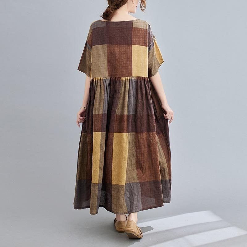 Летняя литература плюс свободное хлопковое льняное клетчатое платье с короткими рукавами женские длинные повседневные платья
