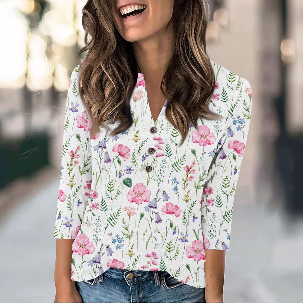 Женская мода повседневный свободный топ с рукавом 3/4 и круглым вырезом