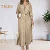 Fall Spring Women Dress Slim Waist Long Sleeves Split Hem Pure Color Lapel V Neck Shirt Type OL Commute Dating Maxi Dress
