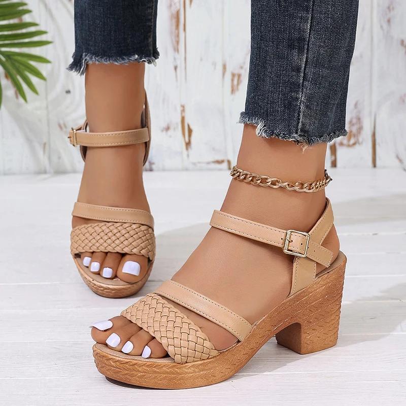 Women's Braided Chunky Heel Sandals Summer Ankle Strap Platform Gladiator Sandals Woman Fashion Woven High Heeled Sandalias