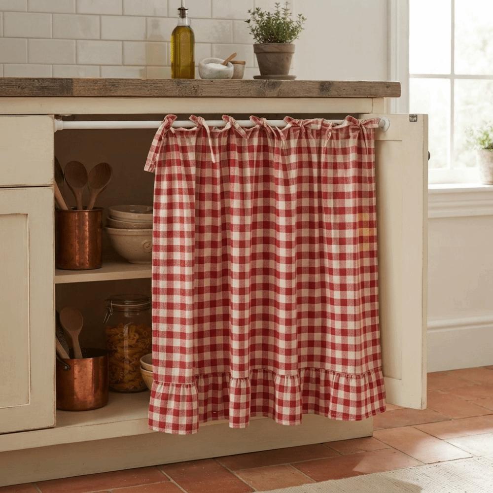 Ruffled Edge Farmhouse Plaid Kitchen Oven Skirt Cotton Privacy Partition Curtain Porch