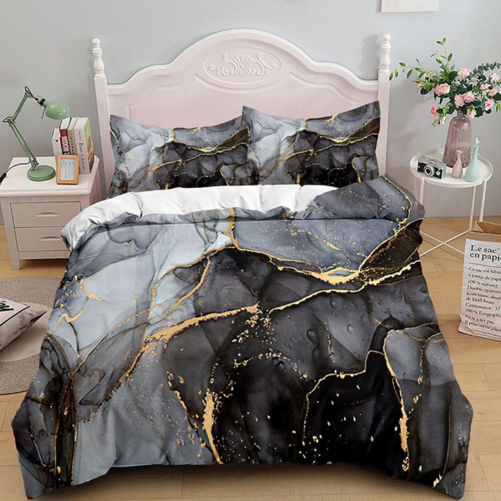 Luxury Black Marble Bedding Set 3D Duvet Cover Set Single Double Twin Full Size Teens Adults Bedclothes Soft Polyester Bed Linen