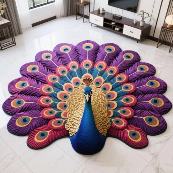 3D Peacock Pattern Plush Rug Non-Slip Backing Easy To Clean Various