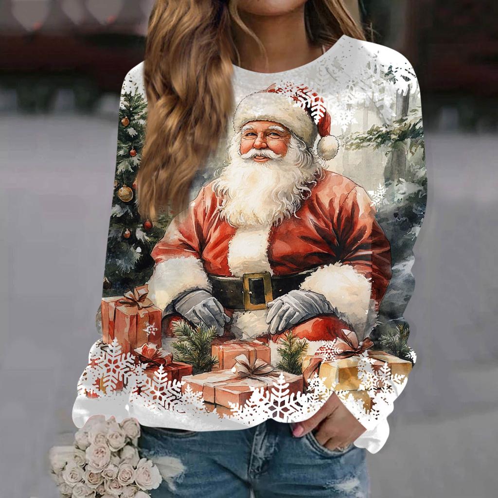 Women's Casual Fashion Christmas Print Long Sleeve Round Neck Pullover Top Blouse Sweatshirt