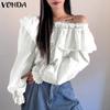 Women Casual Ruffle Off Shoulder Long Sleeve Solid Color Blouses