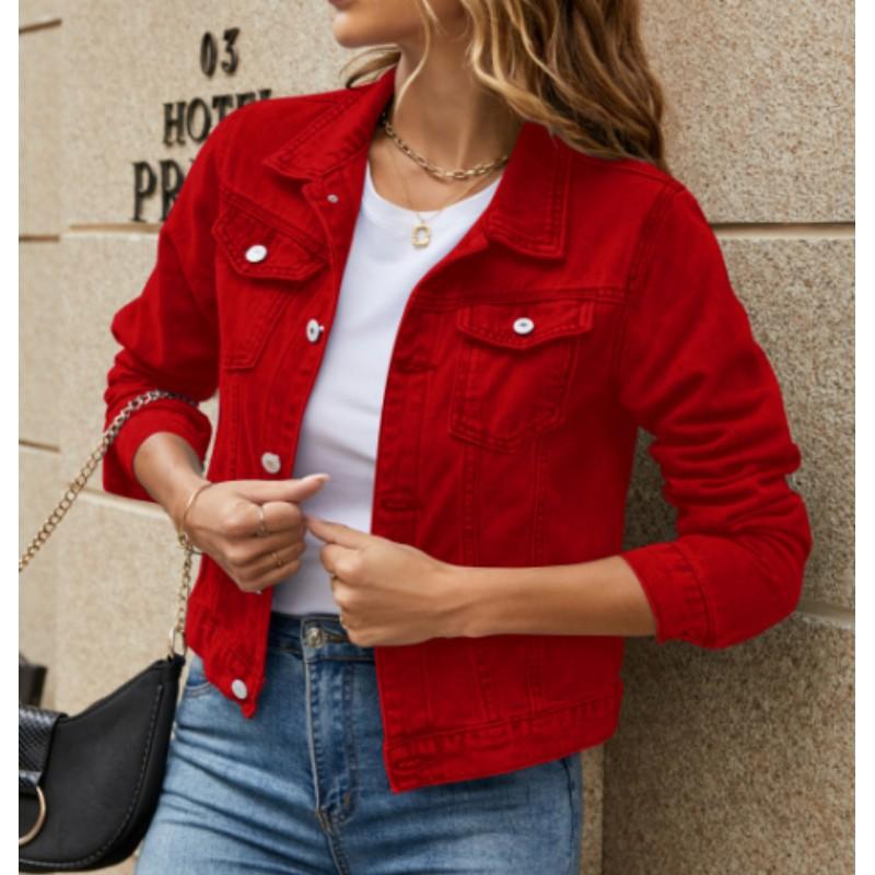 Женская короткая джинсовая куртка с лацканами и карманами, однобортная, однотонная, персонализированная уличная куртка
