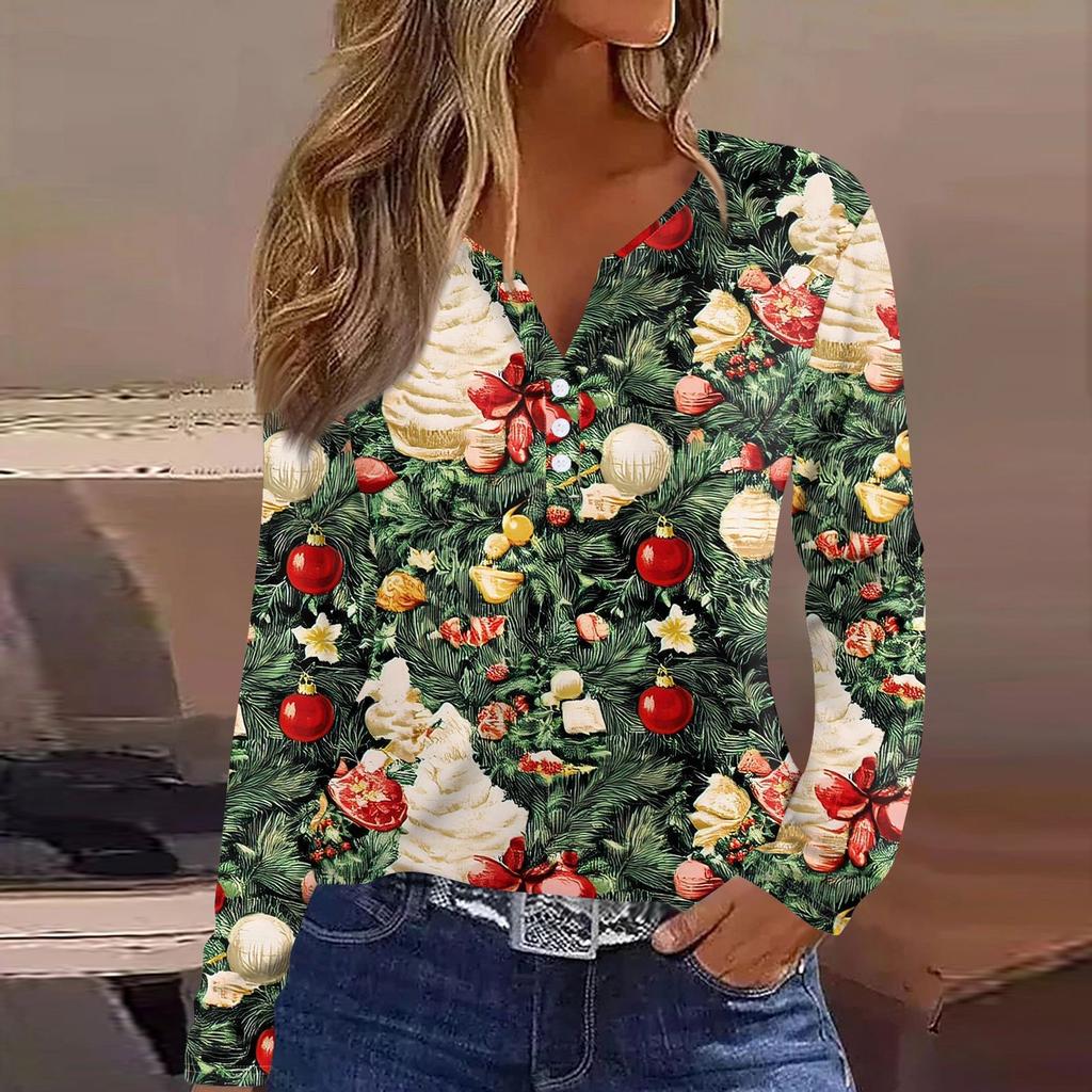 Женская футболка с рождественским принтом на пуговицах с длинным рукавом, повседневная, выходного дня, модная, базовая, с V-образным вырезом, обычная