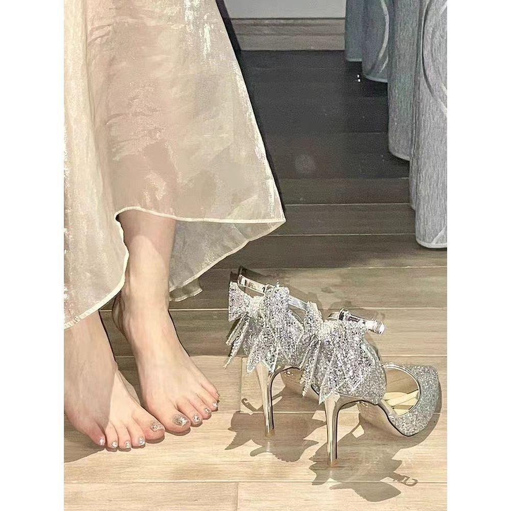 Серебряные туфли на высоком каблуке 2025 года, весна и лето, новые блестящие бриллиантовые кристаллы, свадебные туфли для основного платья, свадебное платье для двоих Xiuhe