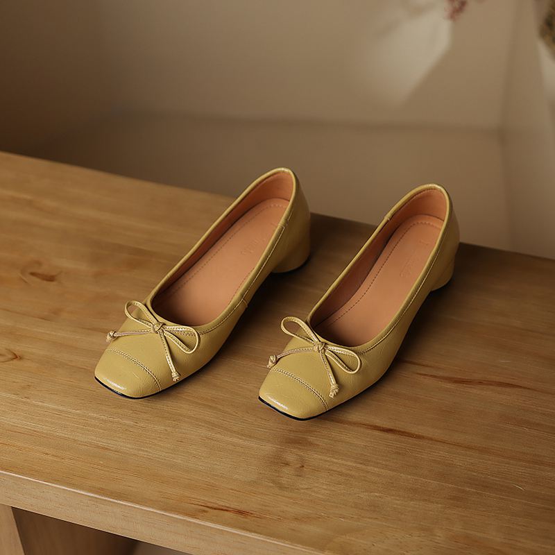 Krazing Pot Sheep Skin Summer Spring Autumn Med Heels Slip On Women Butterfly-knot European Design Square Toe Shallow Pumps