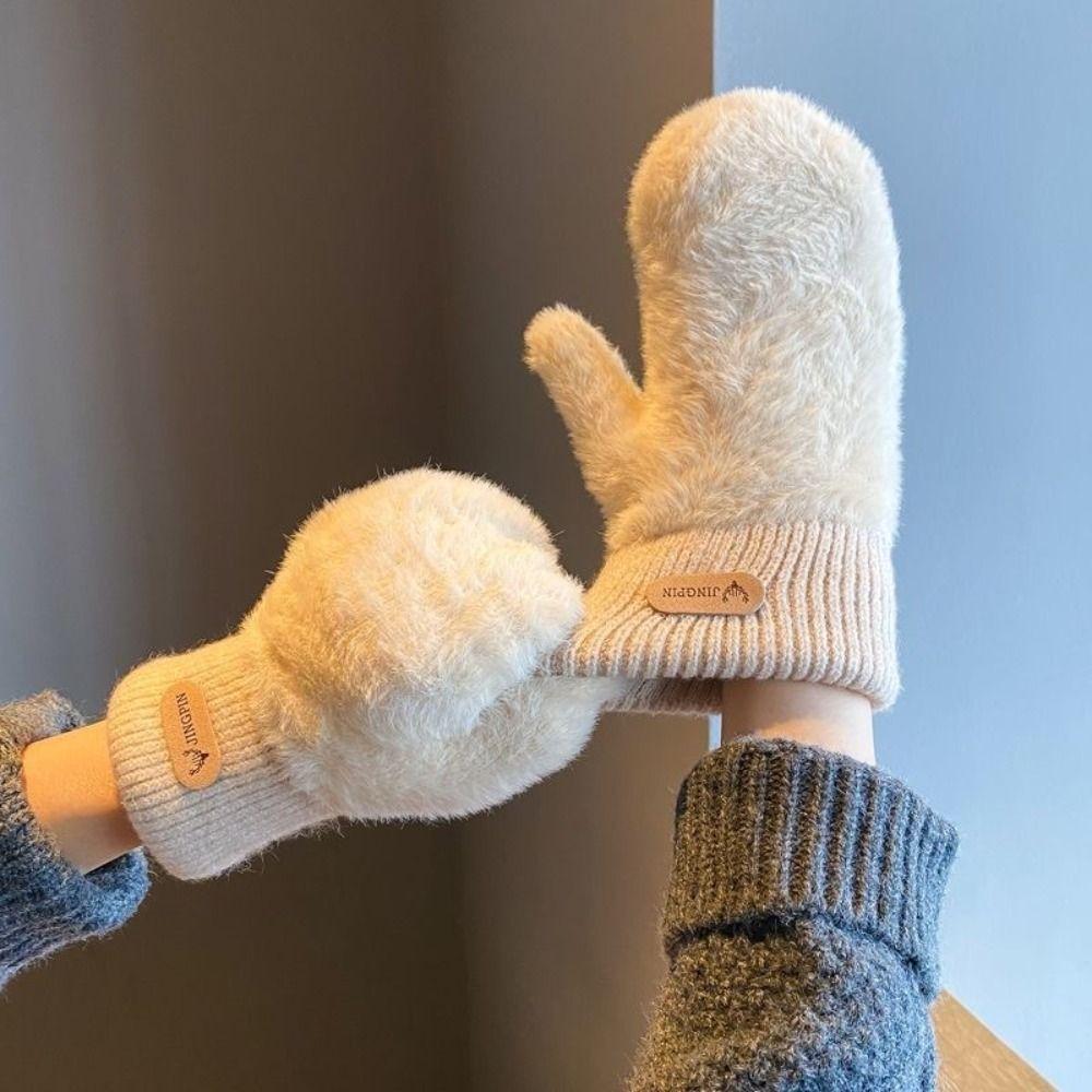 Cute Solid Color Full Finger Mittens Warm Soft Women Gloves Thicken Gloves for Cold Weather