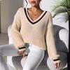 Women's Clothing, College Style, Women's Sweaters, Contrasting Colors, V-neck Loose Sweaters, Casual and Lazy Style, Versatile Women's Clothing
