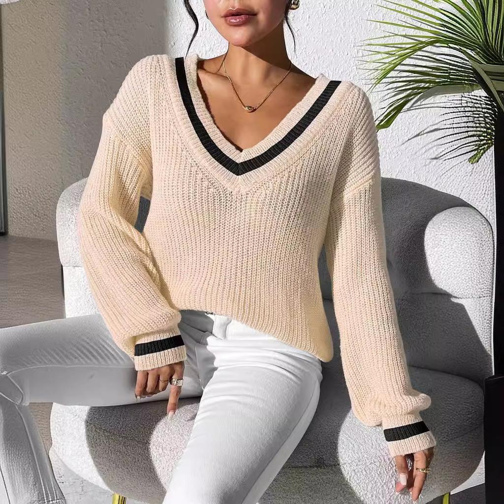 Women's Clothing, College Style, Women's Sweaters, Contrasting Colors, V-neck Loose Sweaters, Casual and Lazy Style, Versatile Women's Clothing