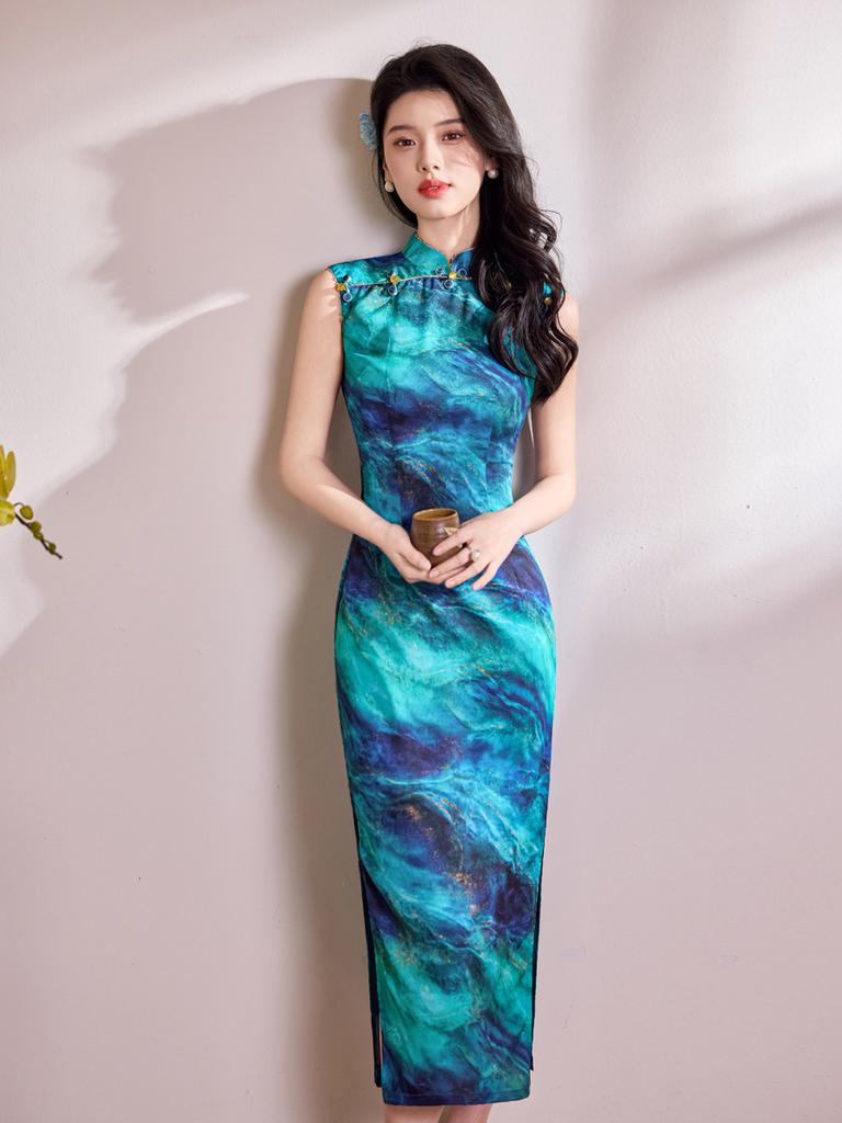 1011 новое синее и сине-золотое пятнистое улучшенное ципао ретро-стиль без рукавов длинное узкое и тонкое платье повседневное