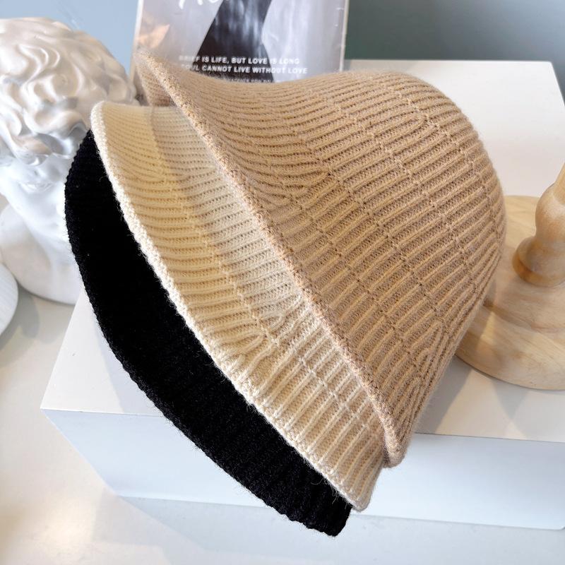 Кашемировая вязаная клетчатая шляпа-ведро Женская осень-зима теплая вязаная шерстяная шапка простая и элегантная однотонная рыбацкая шапка Шапка для бассейна