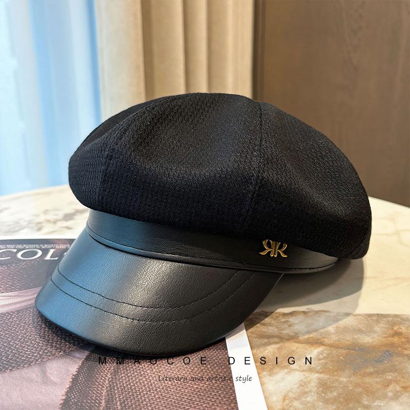 Black Star Anise Hat Women's Autumn New Retro Temperament Newsboy Hat Leather Brim Versatile Face Cap