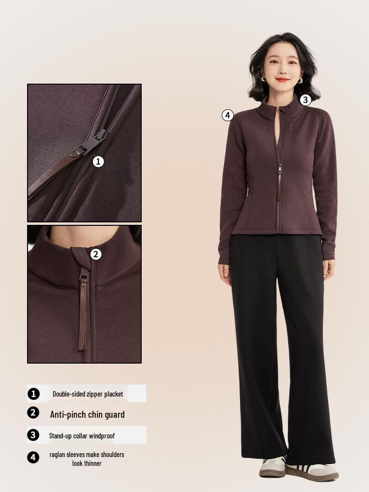Женская спортивная куртка из двухслойного материала, выгодно подчеркивающая фигуру: Кардиган для йоги со стойкой