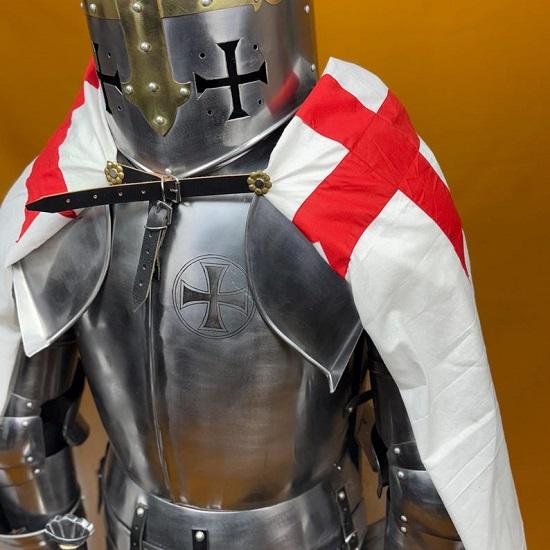 Full-Size 6-Foot Templar Knight Armor Suit Polished Medieval Roman Steel Armor with Display Stand  Ideal for Home Décor