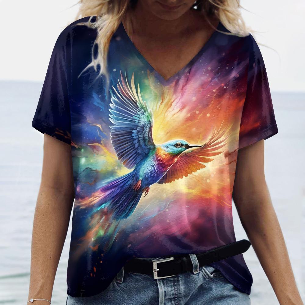 Женская летняя футболка с коротким рукавом, свободная одежда больших размеров, топы с v-образным вырезом, топы с принтом животных и птиц, женские повседневные футболки, одежда 2024