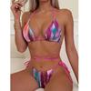 European & American Tie-Dye Three-Piece Deep V Bandage Bikini Set with Sexy Hollow-Out Design