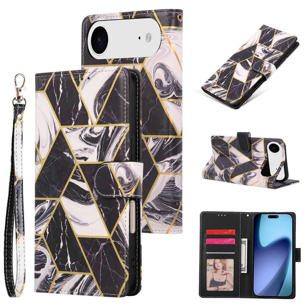 For iPhone 17 Air Case Lacquered Marble Pattern Leather Phone Cover with Wrist Strap