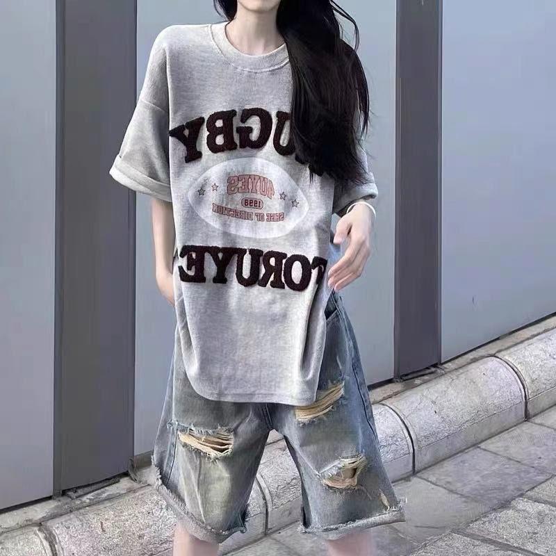 Летние винтажные свободные прямые джинсовые шорты с высокой талией и потертостями для женщин больших размеров