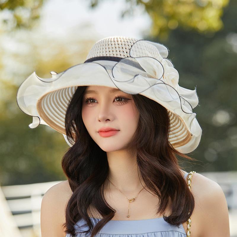 Elegant Summer Women'S Sun Hat Breathable Organdy Material Foldable Design Top Flower Organza Wide Brim Ruffled Beach Hat