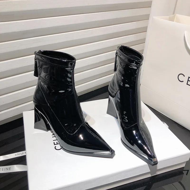 Дизайнерские винтажные женские ботильоны с острым носком, модные высокие каблуки, короткие ботильоны, осенне-зимняя женская обувь