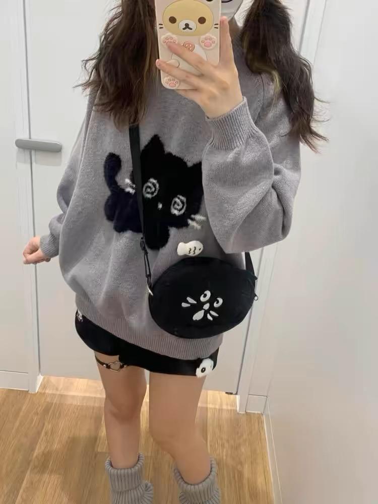 Kawaii Серые женские свитера Японский стиль Preppy Вязаные пуловеры Милые свободные джемперы Милая Harajuku Soft Girl