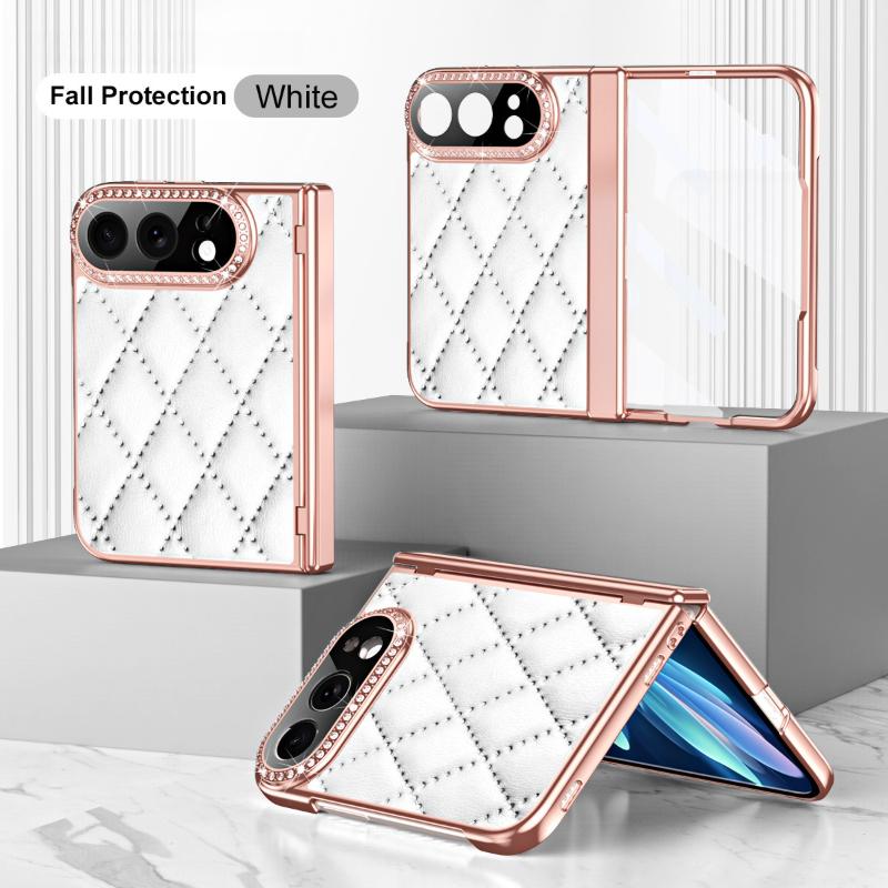 For iPhone Duo Case Bling Diamond Electroplated Leather Texture Full Cover with Screen Protector