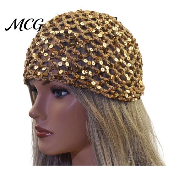Fishnet Headwear Hat for Women, Breathable Mesh Knitting with Hollow Sequin Design, Elastic Fit Hand-Woven Daily Wear Sparkling