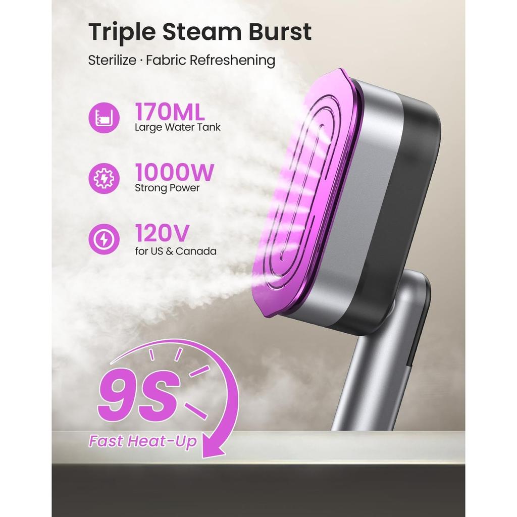 Ручной отпариватель и утюг 2-в-1 для одежды, 1000 Вт, дорожный отпариватель с керамической подошвой, быстрый нагрев за 9 секунд, герметичный резервуар 170 мл, самоочистка