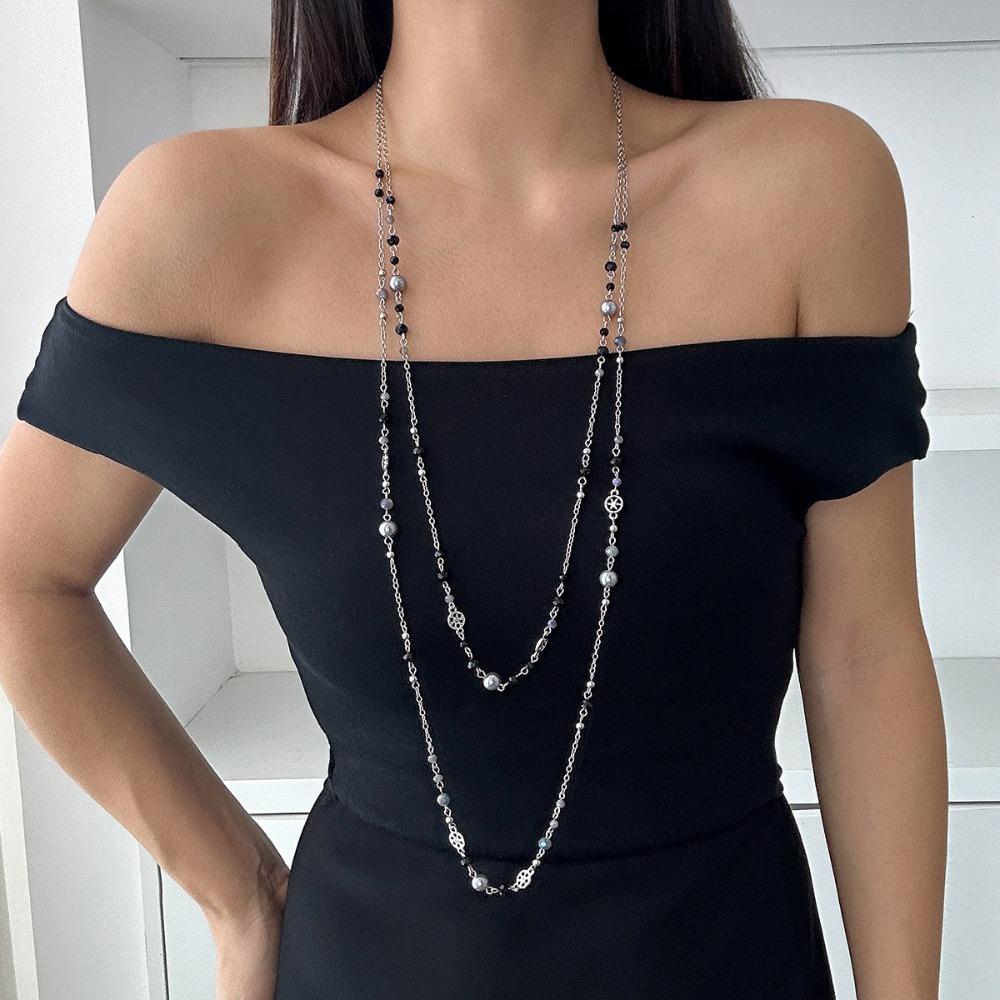 2Pcs/Set Long Chain Imitation Pearl Necklace Double Layers Sweater Chain Women Fashion