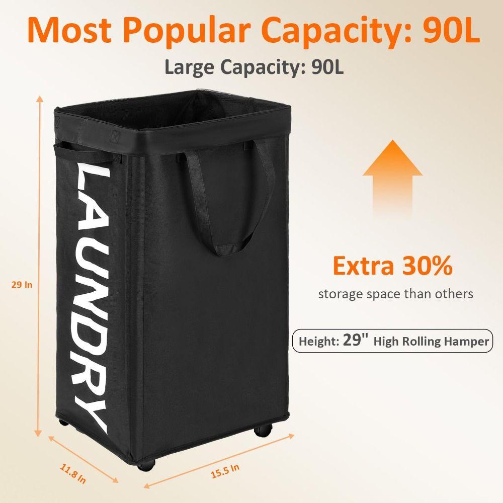 90L Capacity Laundry Basket with Rolling Removable Mesh Bag Clothes Hamper Organizer Sturdy Frame Foldable Hamper Dorm Use