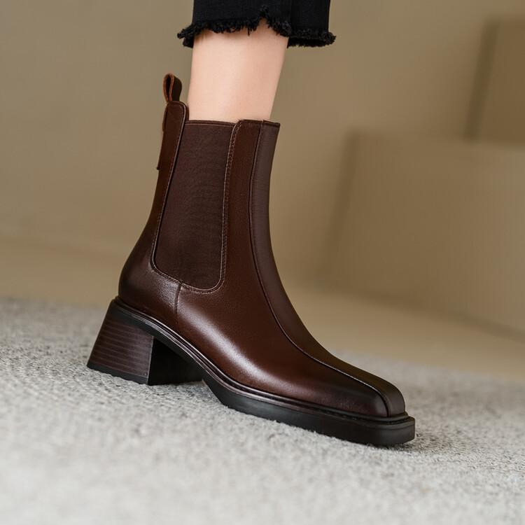 Мода Новые Осенне-зимние Женские Ботинки из Натуральной Кожи Модные Ботинки Квадратный Носок Массивный Каблук Ботинки для Женщин Высокий Каблук Zapatos Mujer
