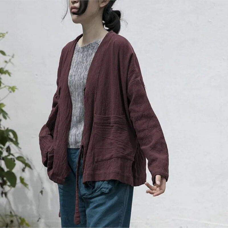 Johnature Women Chinese Style Bandage Jackets Solid Color V-Neck Long Sleeve Coats Cotton Linen Vintage Fall Women Jackets