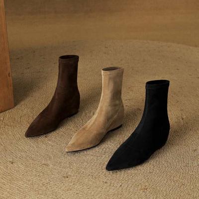 Ruodan эластичные тонкие ботинки женские 2025 новые осенне-зимние тонкие ботинки на плоской подошве с французским острым носком и короткой молнией сзади