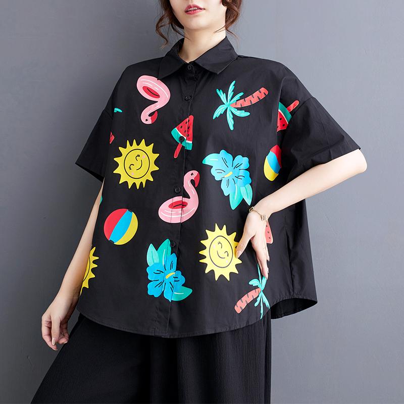DIMANAF 2025 Plus Size New Summer Style Blouse Vintage Design Short Sleeve Colorful Casual Shirt Women Loose Shirt Geometric Print Shirt