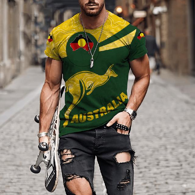 Australian Flag Kangaroo Aboriginal Painting 3D Printed Summer Men's Short-Sleeved Round Neck Daily Comfortable Outdoor T-shirt