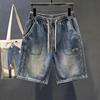 Men's Retro Washed Distressed Denim Shorts - Loose, Elastic Waist, 5-Point Straight Fit for Summer Trend