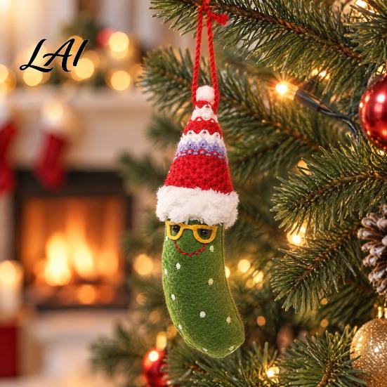 Festive Party Tree Decor Christmas Pickle Ornament for Tree Plush Decoration with Santa Hat Soft Charms Funny Green Cucumber Hanging German