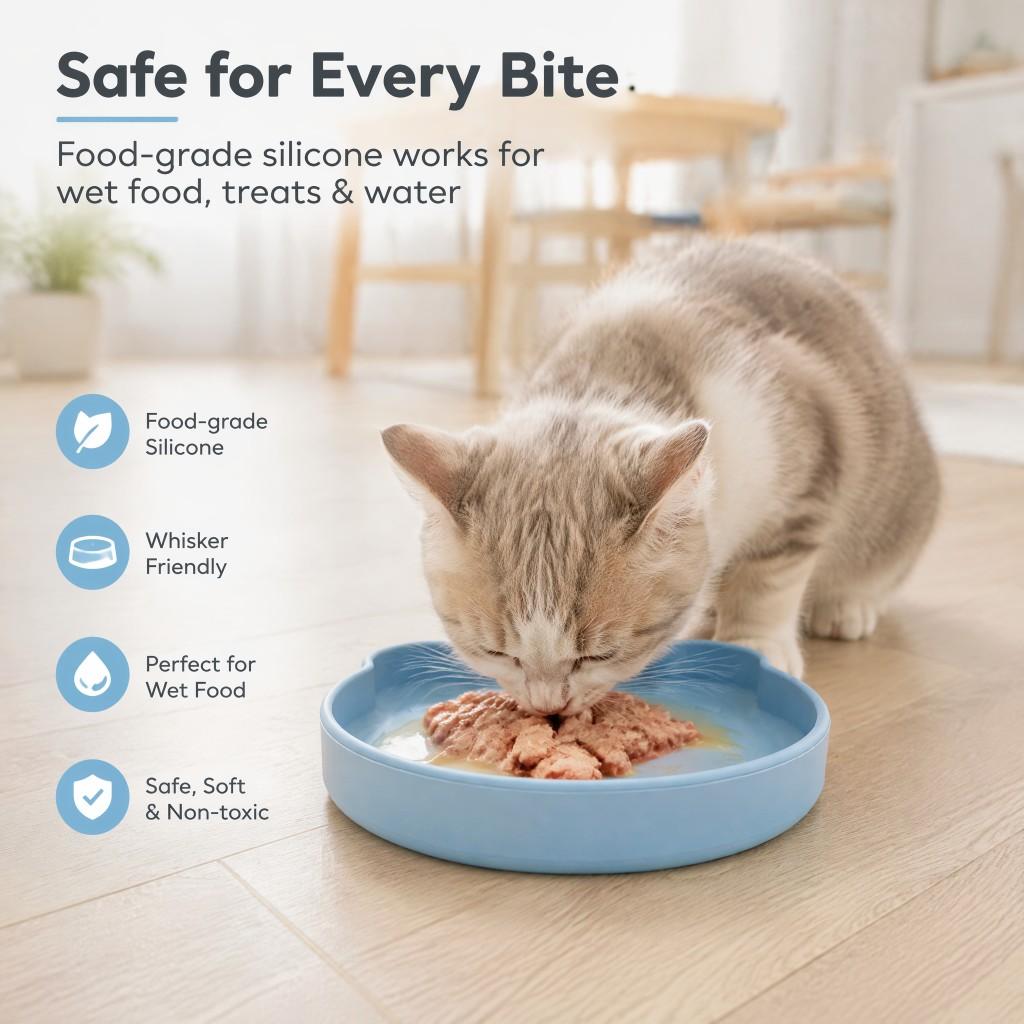 7-inch Silicone Cat Bowl with Suction Cup, Shallow Non-Slip Kitten Dishes to Relieve Puppy Fatigue