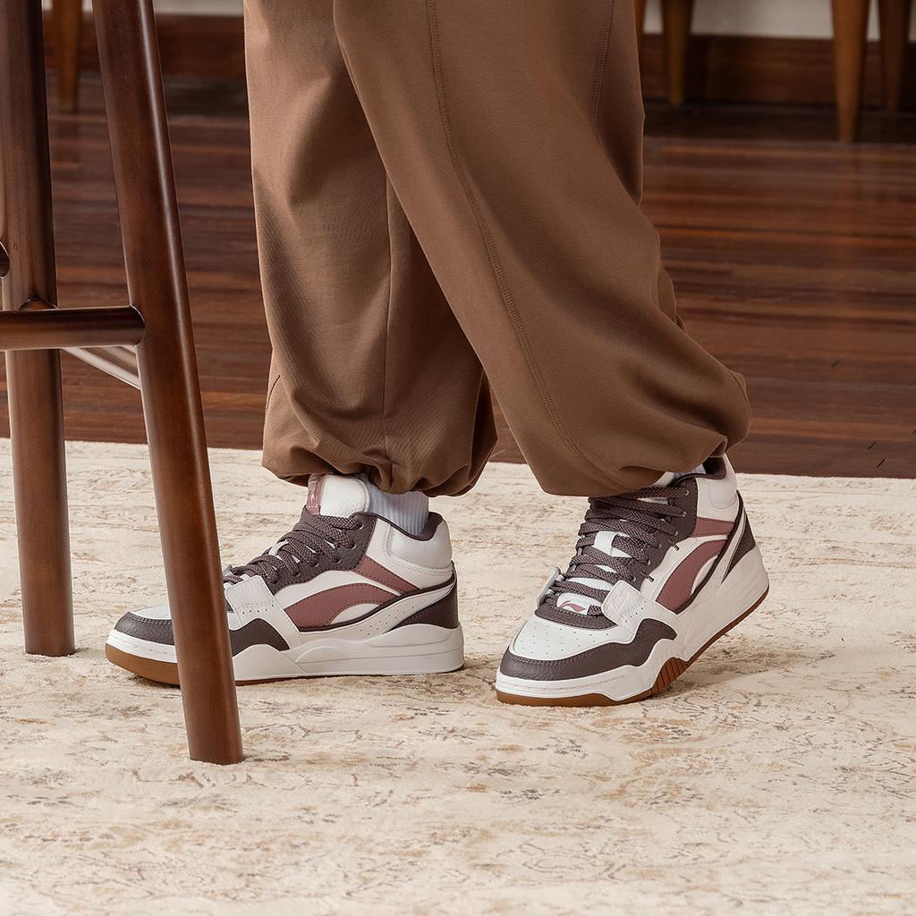 Li Ning Moon White Hi Casual Versatile Thick Sole Non-Slip Wear-Resistant Breathable High-Top Skate Shoes Women Sneakers Brown AGCU314-6