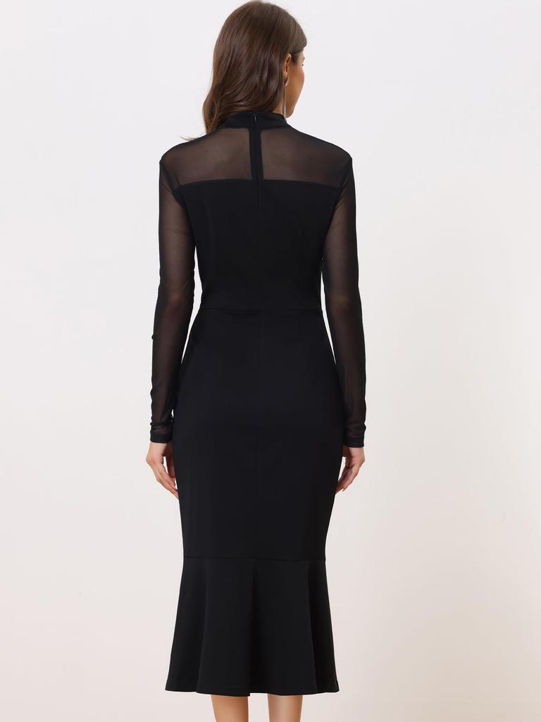 Allegra K Women's Elegant Mermaid Dress with Sheer Mesh and Long Sleeves, Black, Size M
