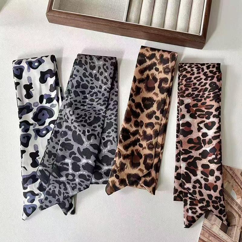 Luxury Leopard Print Tie Painting Silk Scarf Women Long Ribbon Skinny Bag Handle Ribbon Scarves Lady Spring Neckerchief Hairband