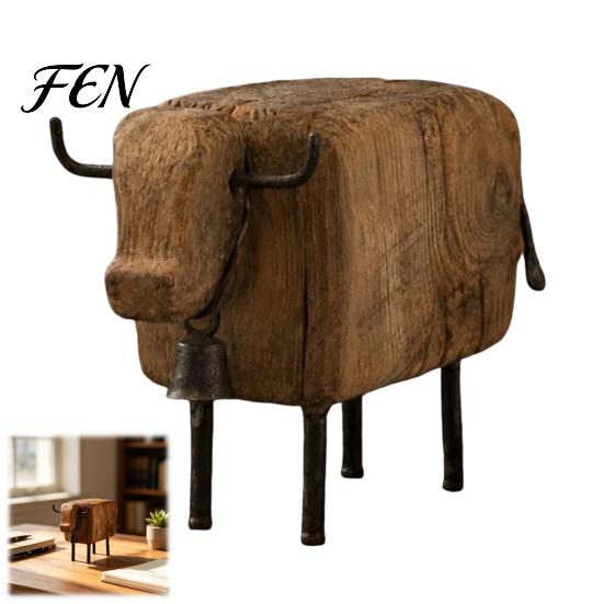 Pastoral Decorative Piece for Shelf Rustic Sheep Figurine with Bell, Faux Wood Resin Farmhouse Lamb Statue, Retro Style Ornament Bell Vintage Country