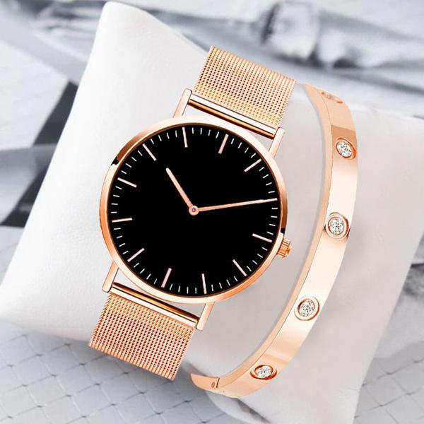 Womens Watches Fashion Simple Watches Bracelet Set Mesh Belt Luxury Ladies Quartz Wristwatches