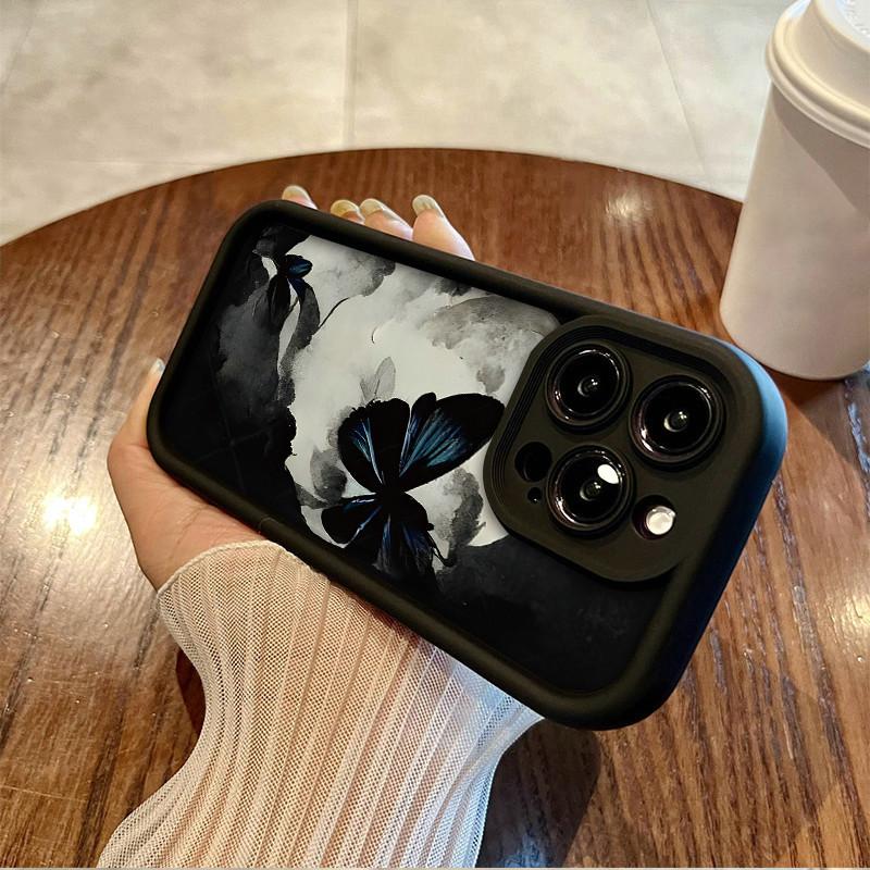 Moon Blue Butterfly Printed Fashion Case Flexible Soft Silicone TPU Shell Full Back Cover for iPhone Samsung