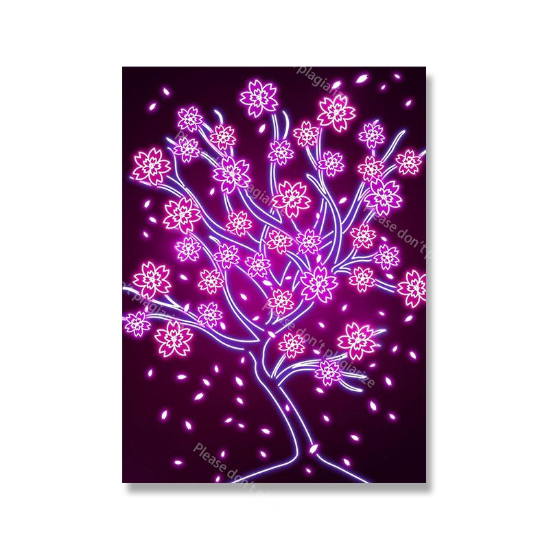 Oriental Retro Neon Canvas Painting Tsuru Sakura Mural Japanese Wave Mount Fuji Samurai Art Poster Print Living Room Home Decor