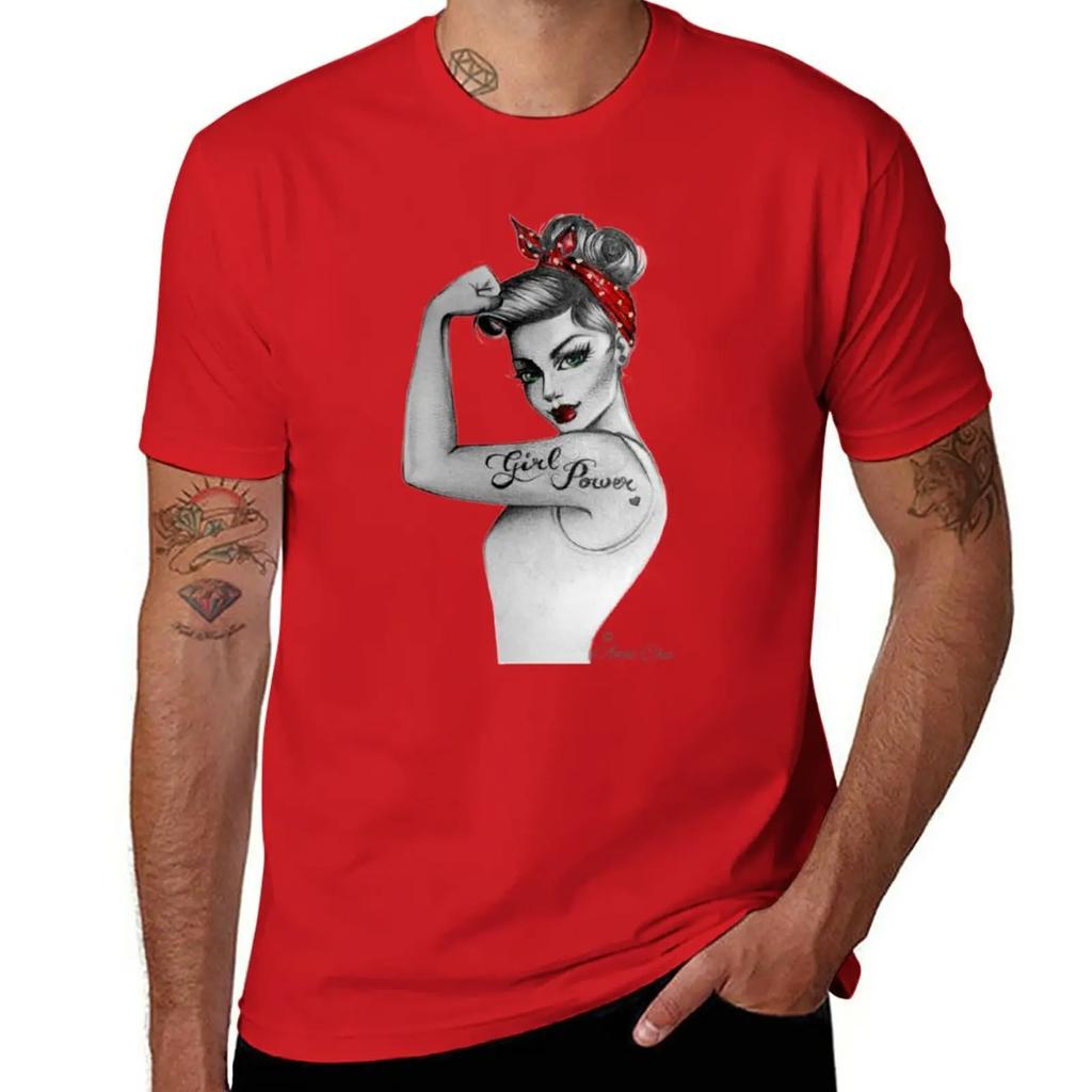 Girl Power by Anne Cha Pin up Modern Rosie the Riveter T-Shirt Short sleeve tee anime black t shirts for men
