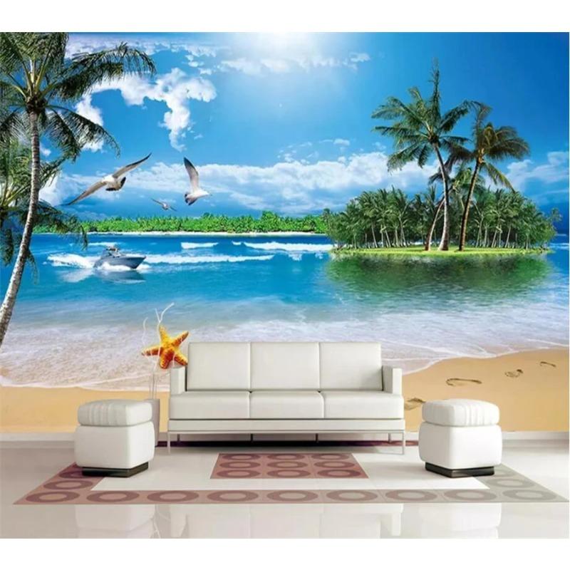 Обои 3d Mural Seaside Sea Neptune Seagull Beach Landscape Mural Home Decor 3d Wallpaper